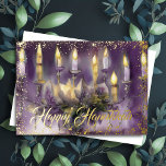 Gold Menorah Happy Hanukkah Lila Folien Feiertagskarte<br><div class="desc">Gold Menorah Happy Hanukkah</div>
