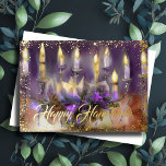 Gold Menorah Happy Hanukkah Lila Peach Folien Feiertagskarte<br><div class="desc">Gold Menorah Happy Hanukkah</div>