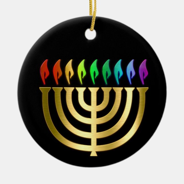 Gold Menorah Rainbow Flames Hanukkah Ornament (Vorne)