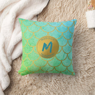 Gold Mermaid Scales Aquamarines Glitzer Muster Mon Kissen