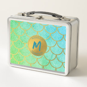 Gold Mermaid Scales Aquamarines Glitzer Muster Mon Metall Brotdose