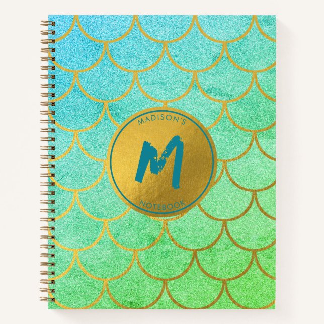 Gold Mermaid Scales Aquamarines Glitzer Muster Mon Notizbuch (Vorderseite)