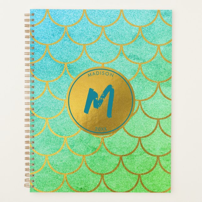 Gold Mermaid Scales Aquamarines Glitzer Muster Mon Planer (Vorderseite)