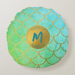 Gold Mermaid Scales Aquamarines Glitzer Muster Mon Rundes Kissen