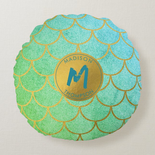 Gold Mermaid Scales Aquamarines Glitzer Muster Mon Rundes Kissen (Vorderseite)