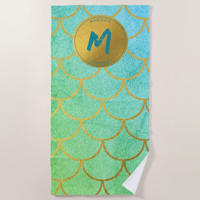 Gold Mermaid Scales Aquamarines Glitzer Muster Mon Strandtuch (Vorderseite)