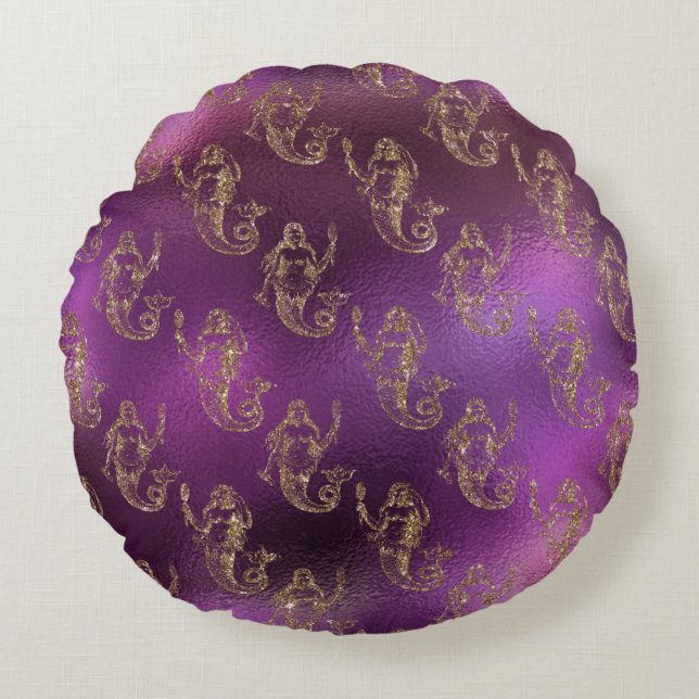Gold Mermaids im Lila Hintergrund Rundes Kissen (Vorderseite)