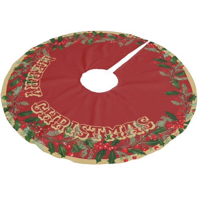 Gold Merry Christmas  Brushed Polyester Tree Skirt Polyester Weihnachtsbaumdecke (Schrägansicht)