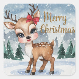 Gold Merry Christmas Girl Reindeer Quadratischer Aufkleber