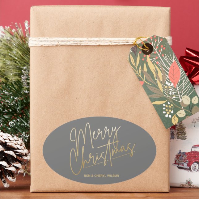 Gold Merry Christmas Luxe Gray Ovaler Aufkleber (Feiertag)