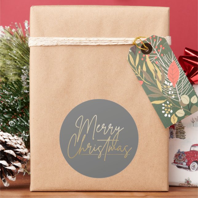Gold Merry Christmas Luxe Gray Runder Aufkleber (Feiertag)