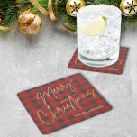 Gold Merry Christmas Red Buffalo Rechteckiger Pappuntersetzer<br><div class="desc">Merry Christmas text in a faux gold foil script and your name in chic lettering are featured on these red and gray buffalo plaid pattern paper coasters,  perfect for the holidays. MATCHING items in our store.</div>