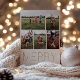 Gold MERRY Modern Foto Collage Holiday Card Sand Feiertagskarte