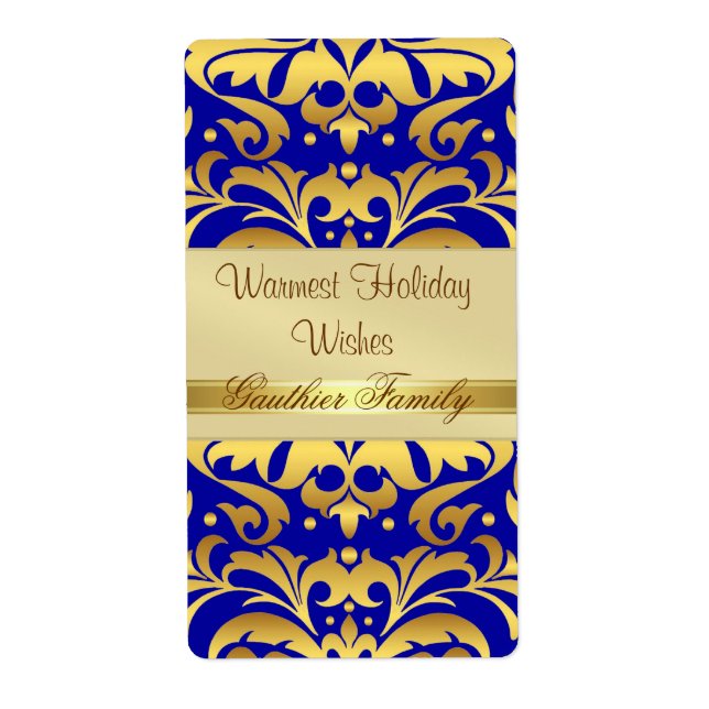 Gold Metal Damask BLue Holiday Vin Étiquette (Devant)