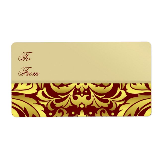 Gold Metal Red Damask Christmas Cadeau Étiquette (Devant)
