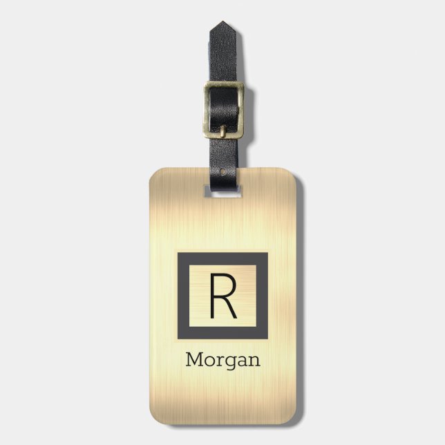 Gold Metall, schwarzer Name & Monogramm, schwarze  Gepäckanhänger (Vorderseite vertikal)