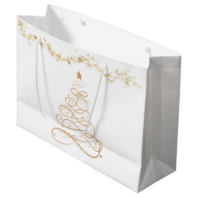 Gold Metallbaum Weihnachtsbaum Große Geschenktüte (Vorderseite Schrägansicht)