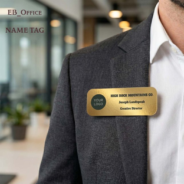 Gold Metallic Business Employee Logo Namensschild (Gold Classic Name Tag.
Custom 3” x 1” rectangle with rounded corners for business logos.
)