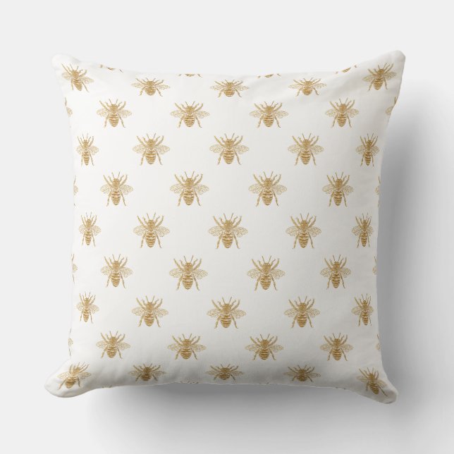 Gold Metallic Faux Foil Photo-Effect Bees on White Kissen (Vorderseite)