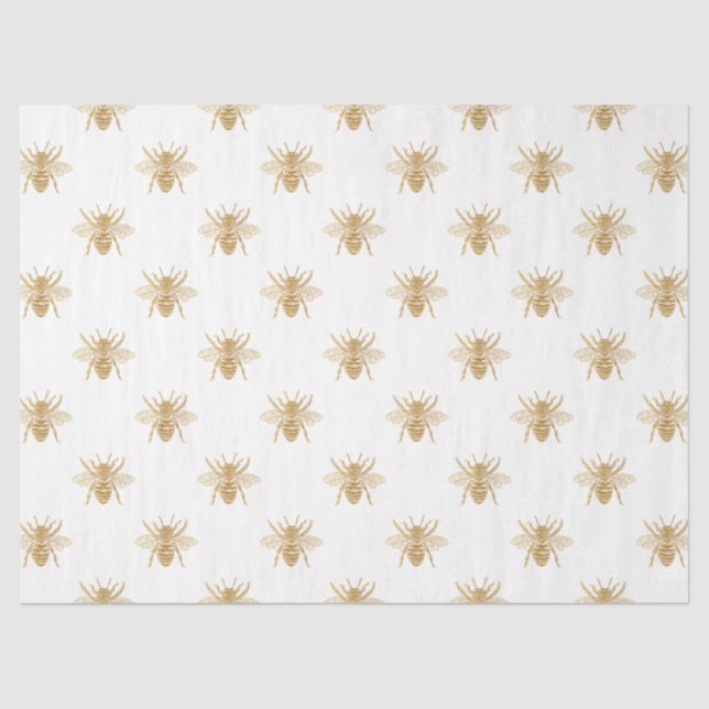 Gold Metallic Faux Foil Photo-Effect Bees on White Seidenpapier (Vorderseite)