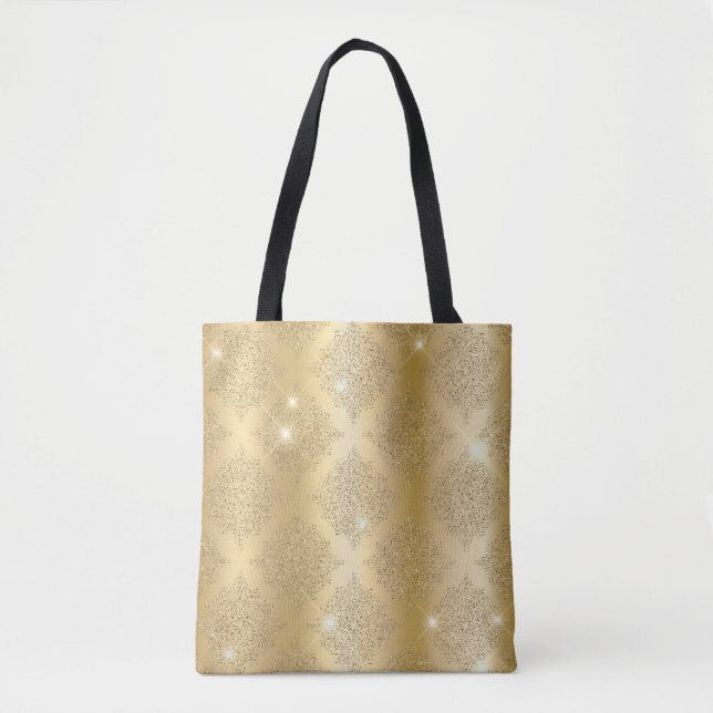 Gold Metallic Foil & Glitzer Glam Filigree Muster Tasche (Vorderseite)