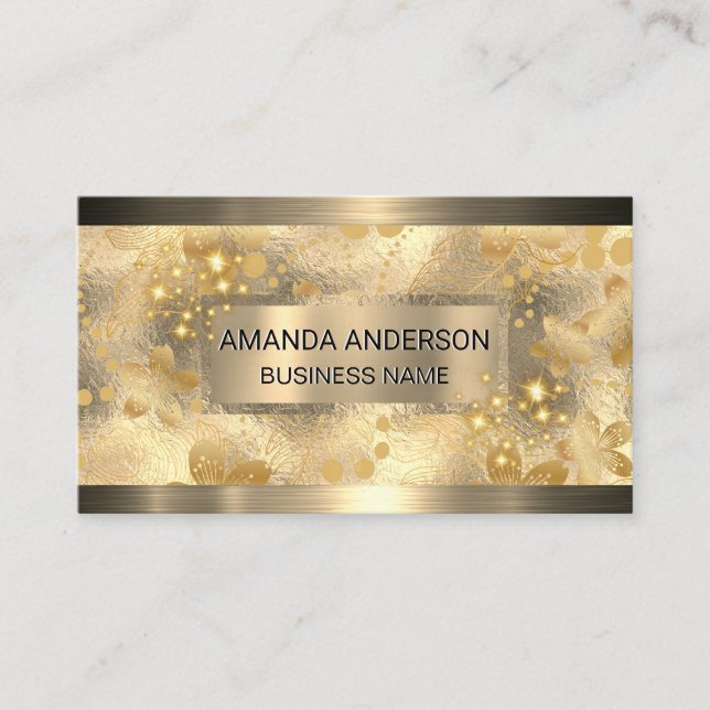 Gold Metallic | Goldene Blätter und Sparkle Visitenkarte (Vorderseite)