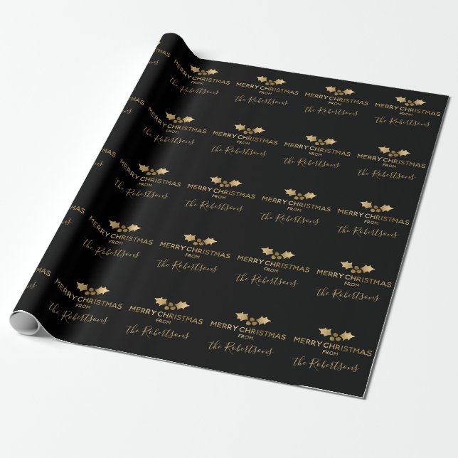 Gold Metallic Holly Black Frohe Weihnachtsnamen Geschenkpapier (Ungerollt)