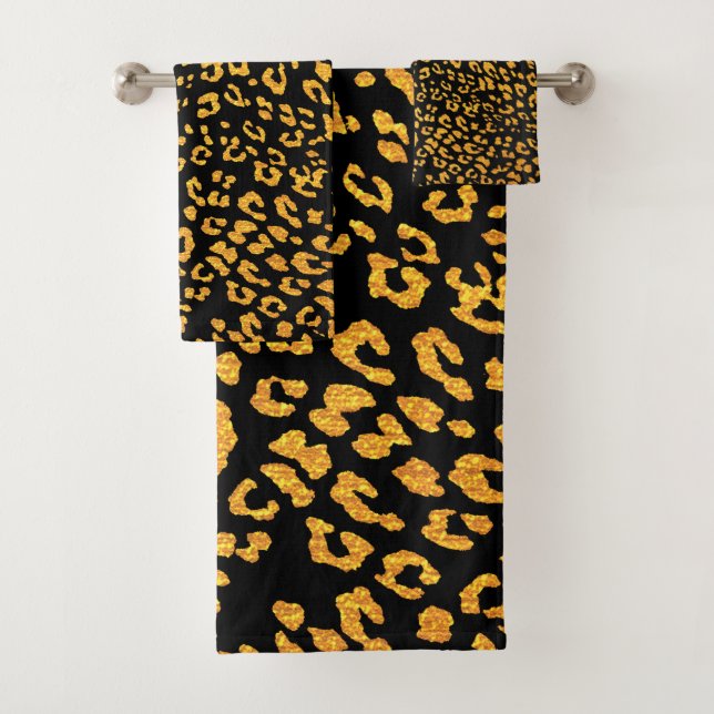 Gold Metallic Leopard Muster auf schwarz Badhandtuch Set (Insitu)