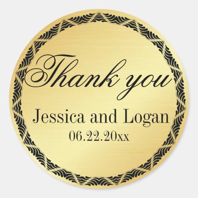 Gold-Metallic mit Schwarz-Letter-Hochzeitsticker Runder Aufkleber (Vorderseite)