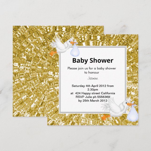 GOLD METALLIC sieht Stork Baby Shower Einladung (Vorne/Hinten)