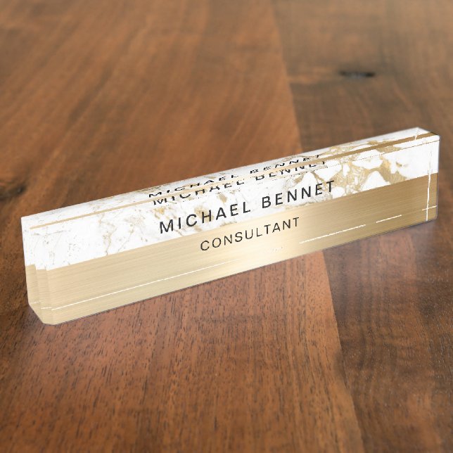 Gold Metallic White Marble Consultant Business Namensplakette (Seite)