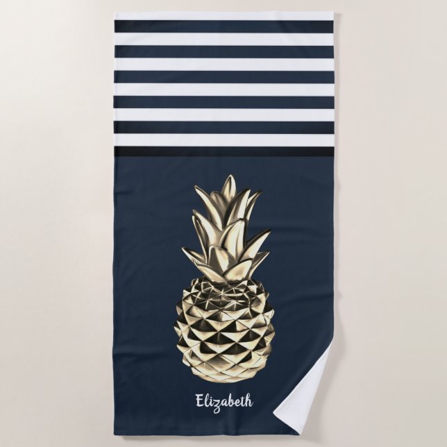 Gold MetallicPineaple Nautical Navy Blau Streifen Strandtuch (Vorderseite)