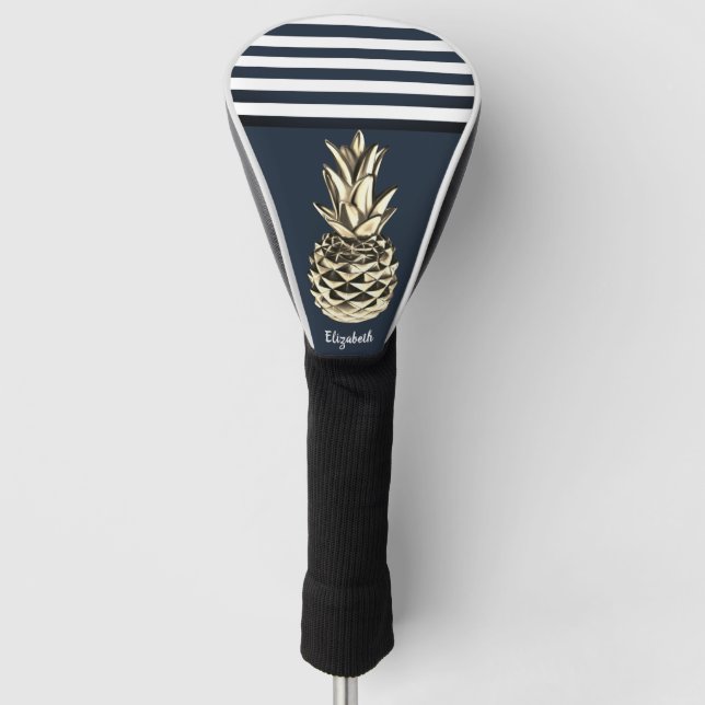 Gold Metallische Ananas Navy Blue Stripes Golf Headcover (Vorderseite)