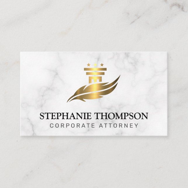 Gold Metallische Säule und Feather-Logo | Recht Terminkarte (Vorderseite)