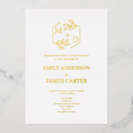 Gold Minimal Botanisches Monogramm Hochzeit Folieneinladung
