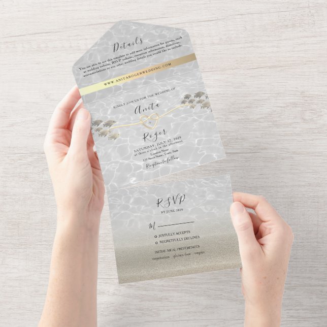 Gold Minimal Modern Beach Wedding All In One Einladung (Abreißen)