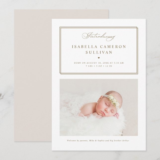 Gold Minimalistisch Borders Script Foto Baby Birth Ankündigung (Vorne/Hinten)