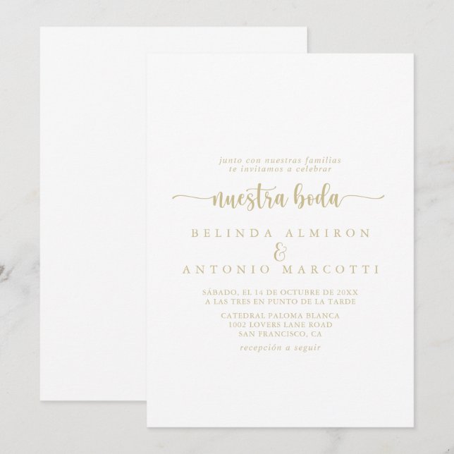 Gold Minimalistische Kalligrafie Nuestra Boda Wedd Einladung (Vorne/Hinten)