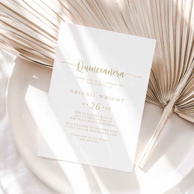 Gold Minimalistische Kalligrafie Quinceñera Einladung (Von Creator hochgeladen)