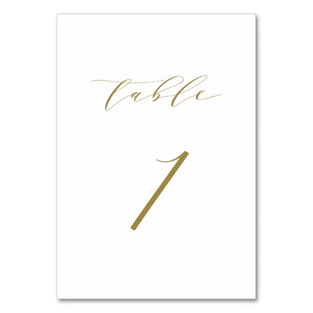 Gold Minimalistische Script-Hochzeitstabelle 1 Tischnummer (Vorderseite)