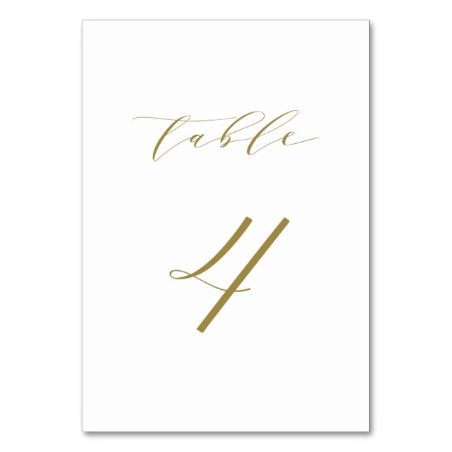 Gold Minimalistische Script-Hochzeitstabelle 4 Tischnummer (Vorderseite)
