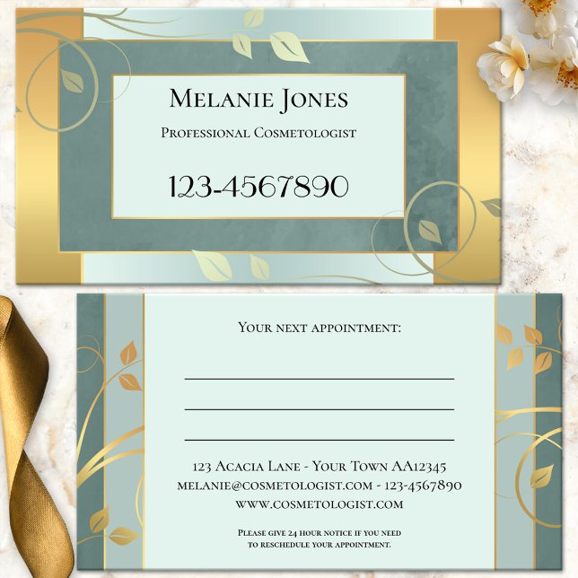 Gold Mint Green Blätter TerminierungsVisitenkarte Terminkarte (Professional business card featuring a geometric design with swirling leaves on mint green and gold)
