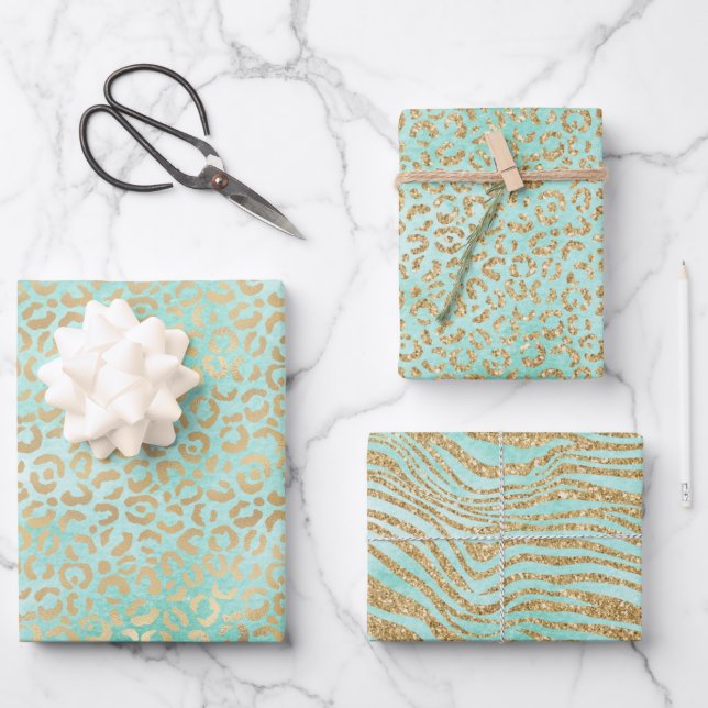 Gold Mint White Ombre Zebra Leopard Geschenkpapier Set (Vorderseite)