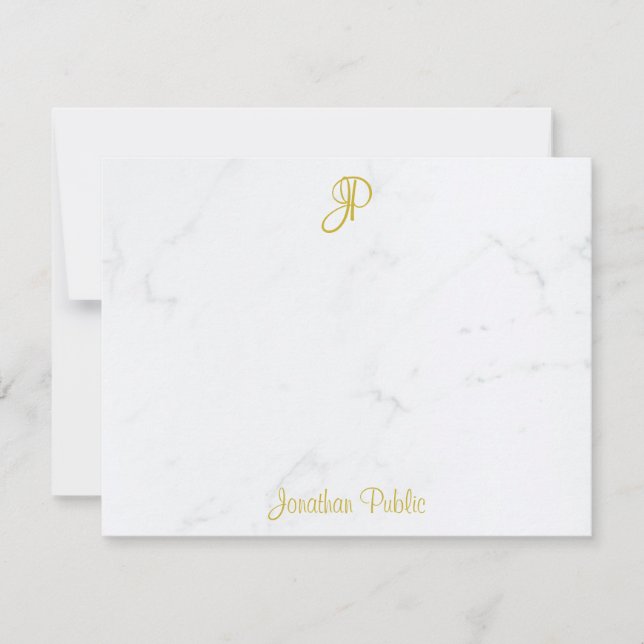 Gold Mit Monogramm Handwriting Script Marble Trend Mitteilungskarte (Vorderseite)