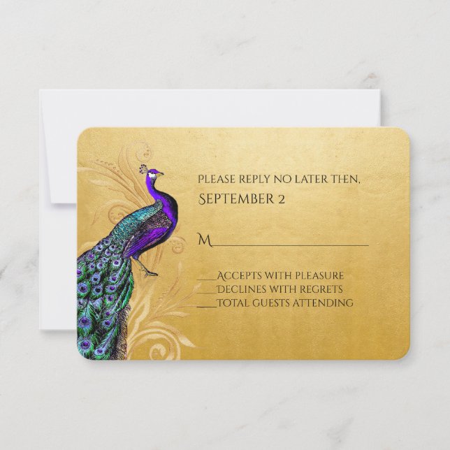 Gold mit Peacock Wedding RSVP Card Karte (Vorderseite)