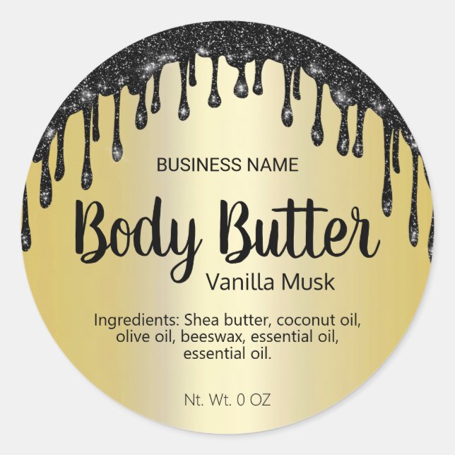 Gold mit schwarzen Glitzer Tropfen Body Butter Lab Runder Aufkleber (Vorderseite)