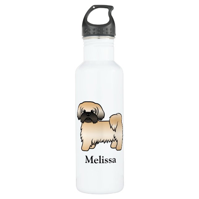 Gold mit schwarzer Maske Shih Tzu Cartoon Dog & Na Edelstahlflasche (Vorderseite)