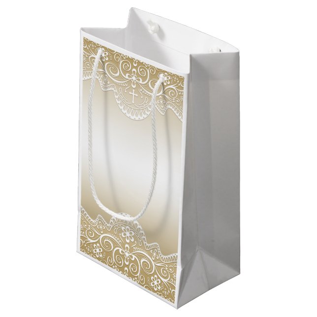 Gold mit Spitzen, Kreuz, Religiöse Kleine Geschenktüte (Vorderseite Schrägansicht)