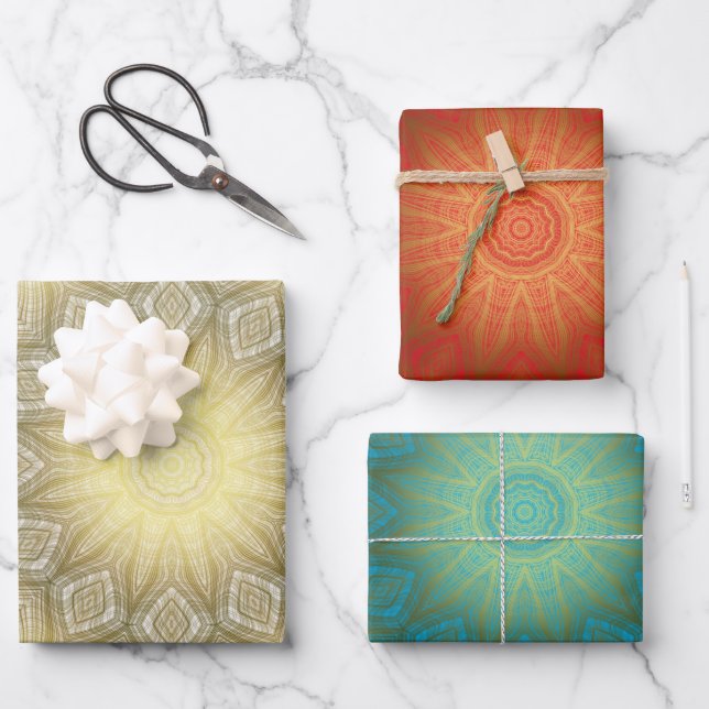 Gold mit weißem Blau oder rotem Kaleidoskop Geschenkpapier Set (Vorderseite)