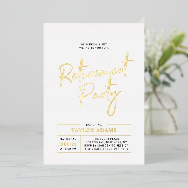 Gold Modern Brush Script Retirement Party Folieneinladung (Stehend vorne)